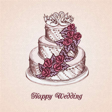 Happy wedding greeting card with cake decorated with cream flower garland and swans vector illustrationのイラスト素材