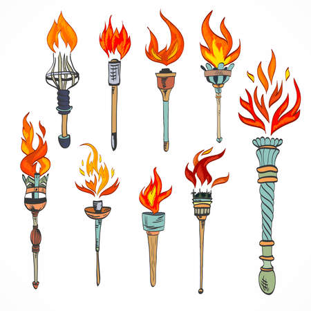 Fire glowing flame retro sketch torch icons set isolated vector illustrationのイラスト素材