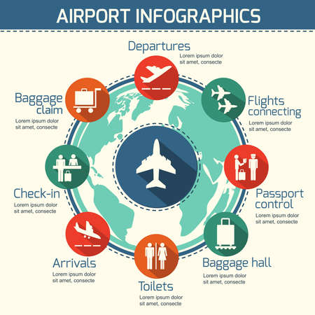 Airport business infographic presentation template concept design world map and airport service icons vector illustrationのイラスト素材