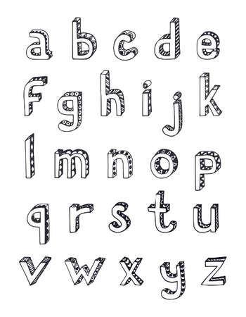 Sketch hand drawn 3d alphabet of small lower case letters isolated vector illustrationのイラスト素材