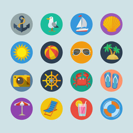Summer sea holidays icons with anchor seagull yacht seashell sun ball palm isolated vector illustrationのイラスト素材