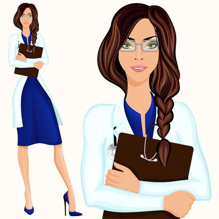 Medical attractive doctor assistant standing in white lab coat with document folder vector illustrationのイラスト素材