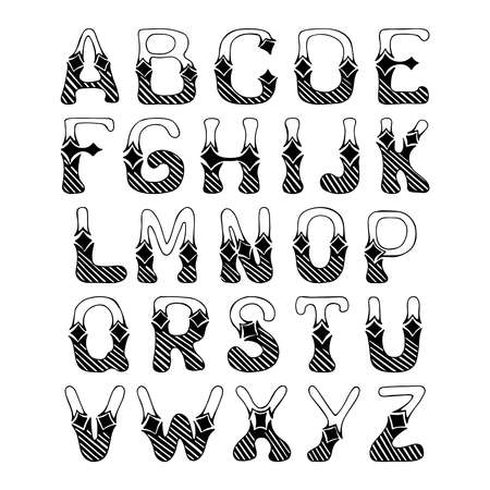 Sketch hand drawn alphabet with hatch ornament font letters isolated vector illustrationのイラスト素材