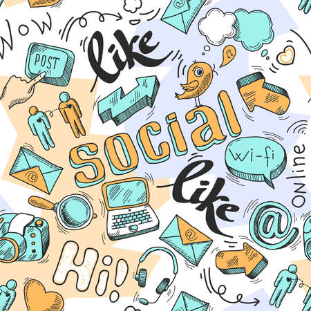 Seamless doodle social media pattern background vector illustrationのイラスト素材