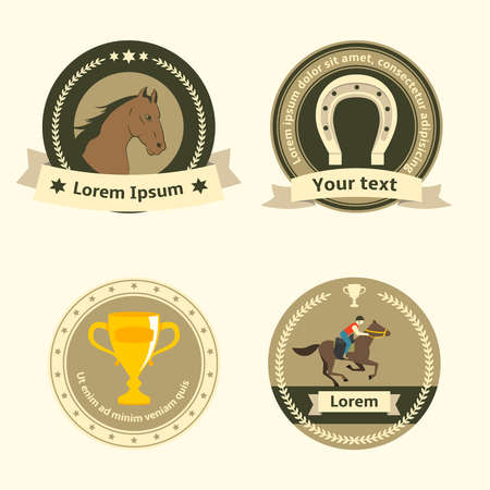Horseback riding flat badges and labels of horse rider equestrian sport dressage and horseshoe isolated vector illustrationのイラスト素材