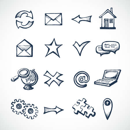 Sketch infographic icons set with globe clock computer puzzle money isolated vector illustrationのイラスト素材