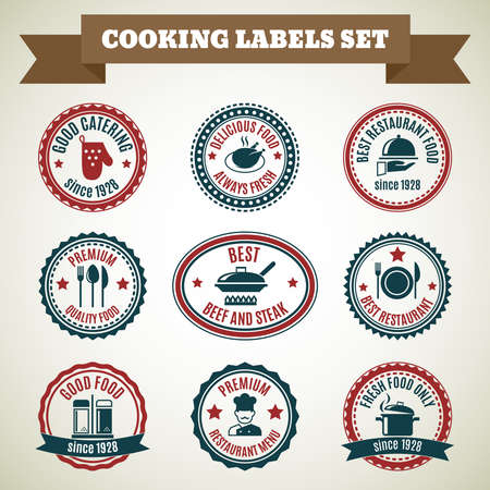 Cooking chef labels set of good catering delicious food always fresh isolated vector illustrationのイラスト素材