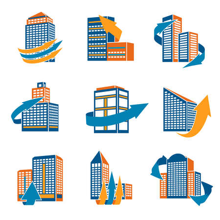 Business modern urban office buildings with arrows icons isolated vector illustrationのイラスト素材