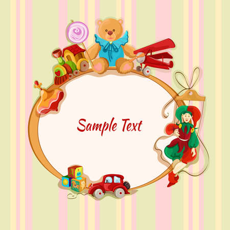 Vintage baby toys sketch frame postcard with peg top train lollypop teddy bear vector illustrationのイラスト素材