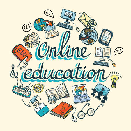 Online education e-learning science sketch concept with computer and studying icons vector illustrationのイラスト素材