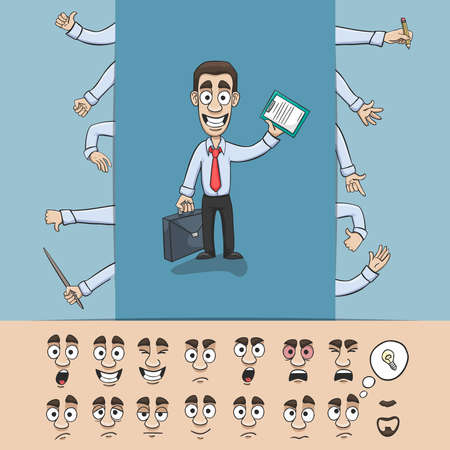 Business man character construction pack hand gestures and facial emotions design elements isolated vector illustrationのイラスト素材