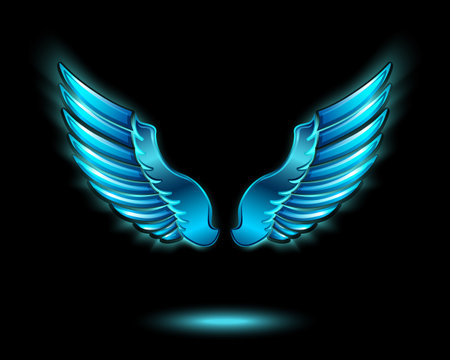 Blue glowing angel wings with metal shine and shadow symbol vector illustrationのイラスト素材