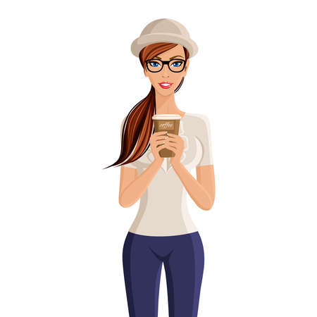 Young woman hipster girl holding coffee cup portrait isolated on white background vector illustrationのイラスト素材