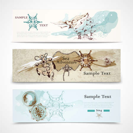 A set of three horizontal ancient nautical design elements informative advertising banners vector illustrationのイラスト素材