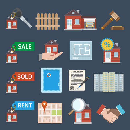 Real estate icons set of sale sold rent property apartment isolated vector illustrationのイラスト素材