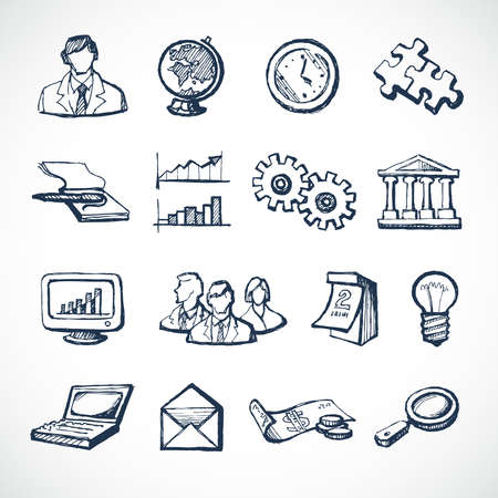 Sketch infographic icons set with globe clock computer puzzle money isolated vector illustrationのイラスト素材