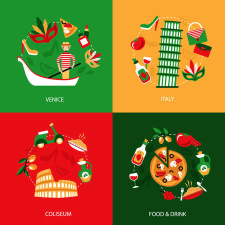 Italy venice coliseum food and drink decorative elements set isolated vector illustrationのイラスト素材