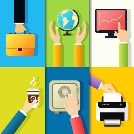 Business hands gestures design elements of holding briefcase globe pointing on monitor isolated vector illustrationのイラスト素材