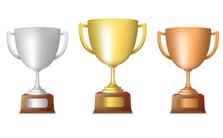 Golden silver bronze metallic trophy cup set isolated vector illustrationのイラスト素材