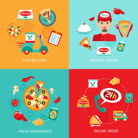 Fast food pizza delivery perfect service fresh ingredients online order decorative icons set isolated vector illustrationのイラスト素材