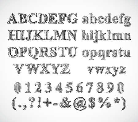 Sketch hand drawn alphabet black and white font letters numbers and symbols isolated vector illustrationのイラスト素材