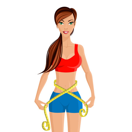 Young slim woman measuring waist with tape isolated on white background vector illustrationのイラスト素材