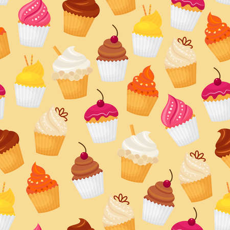 Sweet and tasty food dessert cupcake seamless pattern vector illustrationのイラスト素材
