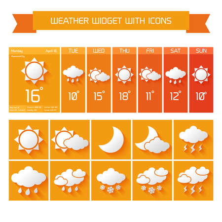Weather extended forecast computer and mobile vertical widgets with icons business collection in orange isolated vector illustrationのイラスト素材