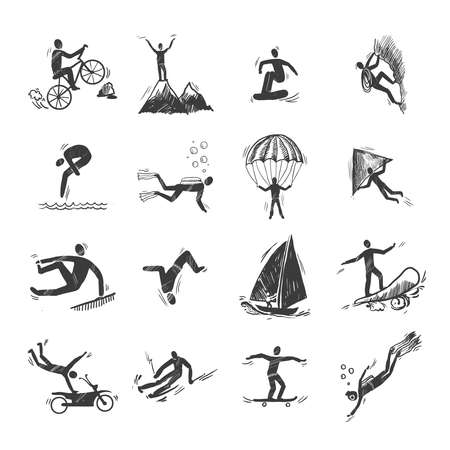 Extreme sports icons sketch of diving climbing sailing isolated doodle vector illustrationのイラスト素材