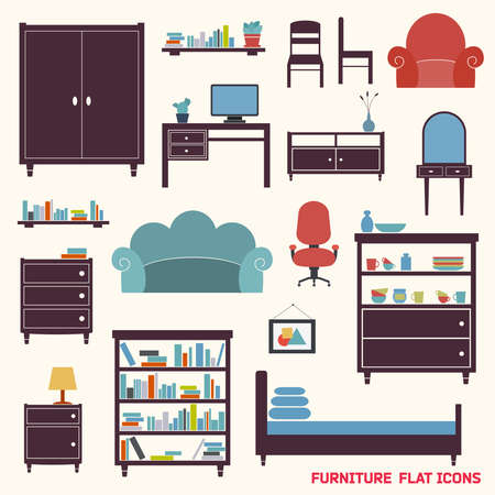 Furniture flat decorative icons set of cupboard armchair closet isolated vector illustrationのイラスト素材