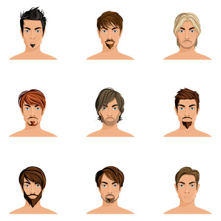 Handsome man male avatars set with haircut styles isolated vector illustrationのイラスト素材