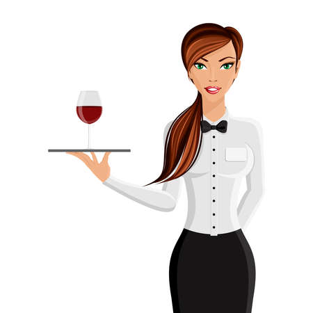 Cheerful sexy girl restaurant waiter with tray and wine glass portrait isolated on white background vector illustrationのイラスト素材