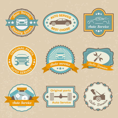 Auto mechanic service labels set of maintenance car repair and working isolated vector illustrationのイラスト素材