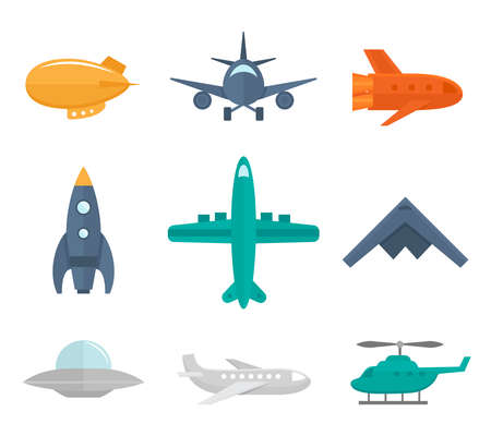 Aircraft icons flat set of zeppelin aircraft war fighter isolated vector illustrationのイラスト素材