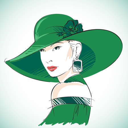 Attractive sensual woman portrait wearing green hat and earrings vector illustrationのイラスト素材