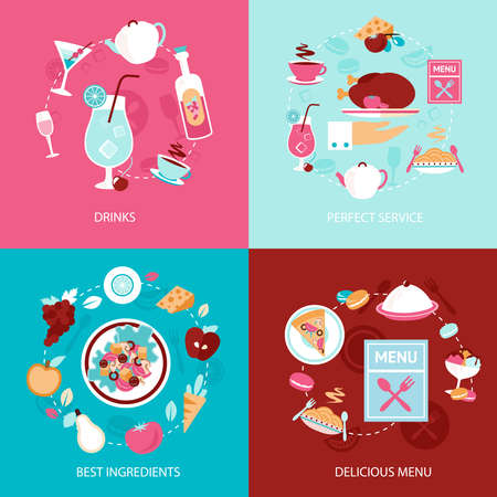 Restaurant drinks perfect service best ingredients delicious menu decorative icons set isolated vector illustrationのイラスト素材