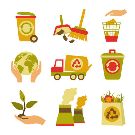 Ecology and waste colored icons set of trash can globe plant isolated vector illustrationのイラスト素材