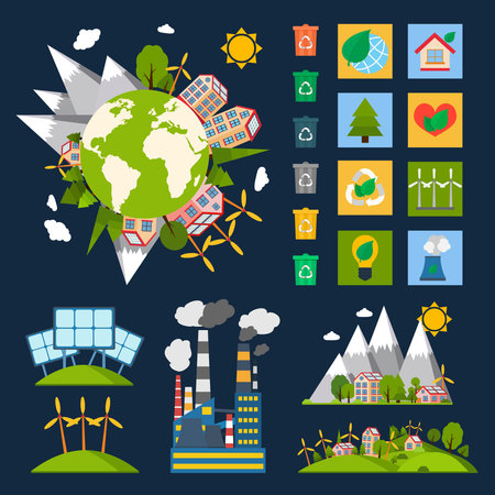 Green eco world ecology symbols set with globe recycling energy and nature icons vector illustrationのイラスト素材