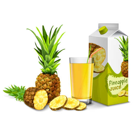 Realistic pineapple juice glass with cocktail straw and paper pack isolated on white background vector illustrationのイラスト素材