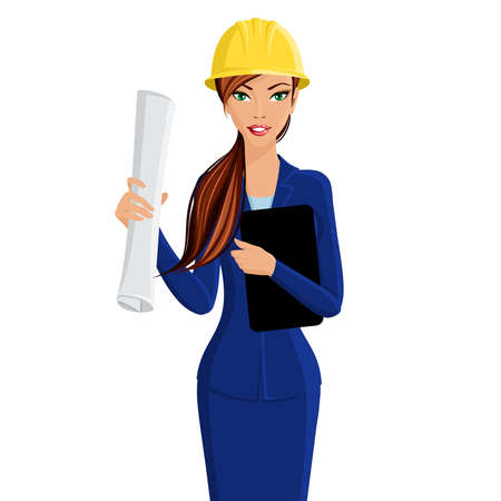 Beautiful woman business lady engineer in helmet isolated on white background vector illustrationのイラスト素材