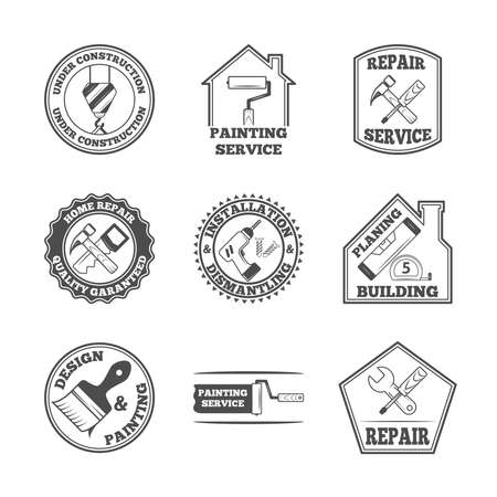 Home repair panting service quality building installation design labels set with black tools icons isolated  vector illustrationのイラスト素材