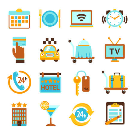 Hotel travel 24h room service flat icons set with breakfast bell and mobile tv isolated vector illustrationのイラスト素材