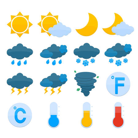 Weather forecast symbols color icons set of sun cloud rain snow isolated vector illustrationのイラスト素材
