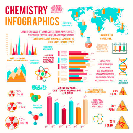 Chemistry worldwide dna research achievements growth strategy infographics charts with laboratory signs vector illustrationのイラスト素材