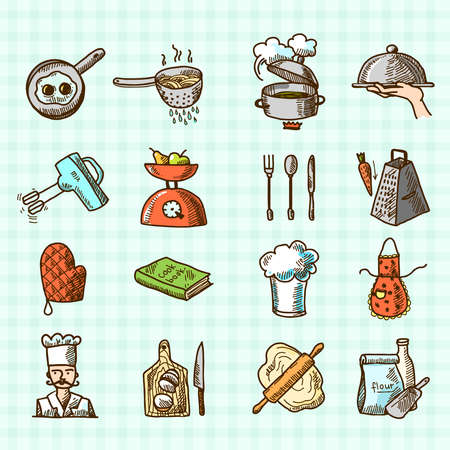 Cooking process delicious food sketch colored icons set isolated on squared background vector illustrationのイラスト素材