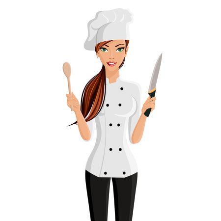 Young attractive woman in restaurant chef hat with knife and spatula  isolated on white background vector illustrationのイラスト素材