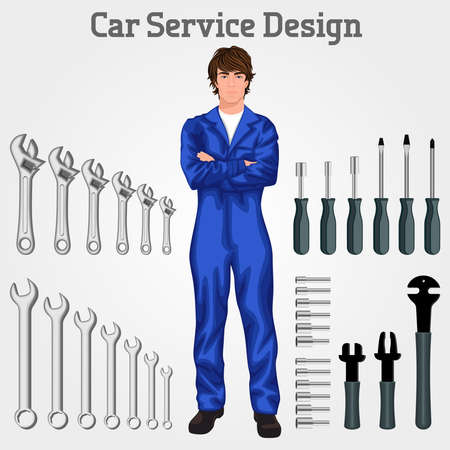 Handsome auto service mechanic man standing in overall hands crossed against the tools set background vector illustrationのイラスト素材
