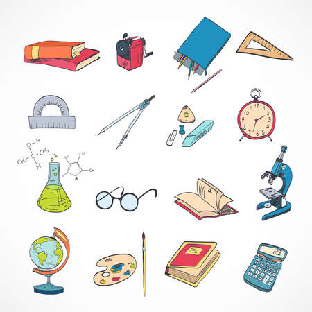 School education elements icons set with microscope drawing compasses stationery isolated vector illustrationのイラスト素材