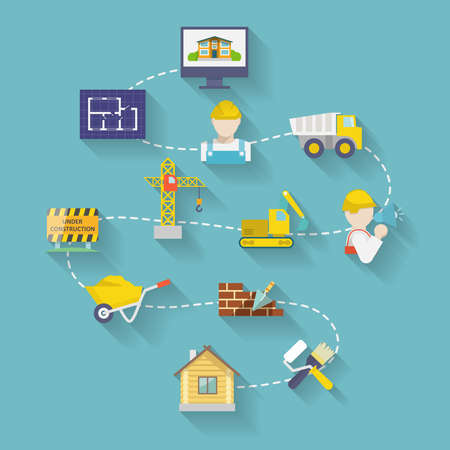 Construction industry house building stages elements flat design vector illustrationのイラスト素材