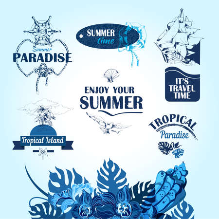 Set of sea tropical island beach travel vacation labels tags and decorative elements vector illustrationのイラスト素材